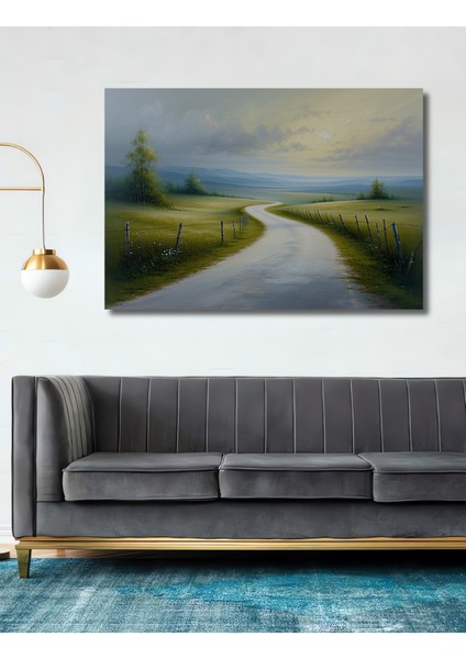 Huzurlu Kır Yolu Yağlı Boya Görünümlü Dekoratif Ahşap Ev/işyeri/ofis Kare Tablo