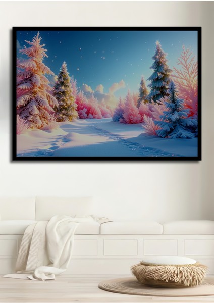 Çerçeve Görünümlü Pastel Rüya Gibi Kış Manzarası Dekoratif Ahşap Ev/işyeri/ofis Kare Tablo