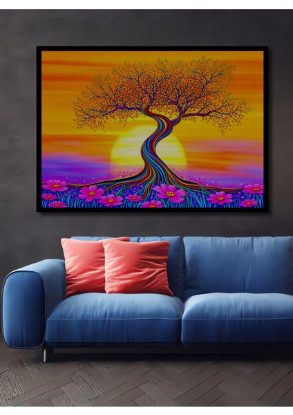 Çerçeve Görünümlü Çiçekli Hayat Ağacı Yağlı Boya Görünümlü Dekoratif Ahşap Işyeri/ofis Kare Tablo