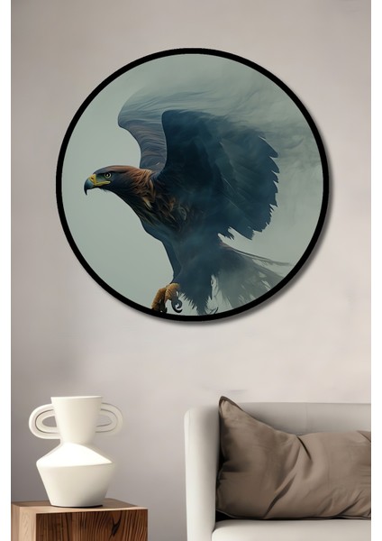 Çerçeve Görünümlü Dumanlı Kanatlar Yağlı Boya Görünümlü Kartal Ofis Ahşap Yuvarlak Tablosu