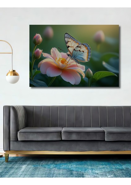 Narin Kelebek Pembe Çiçek Yağlı Boya Görünümlü Dekoratif Ahşap Ev/işyeri/ofis Kare Tablo
