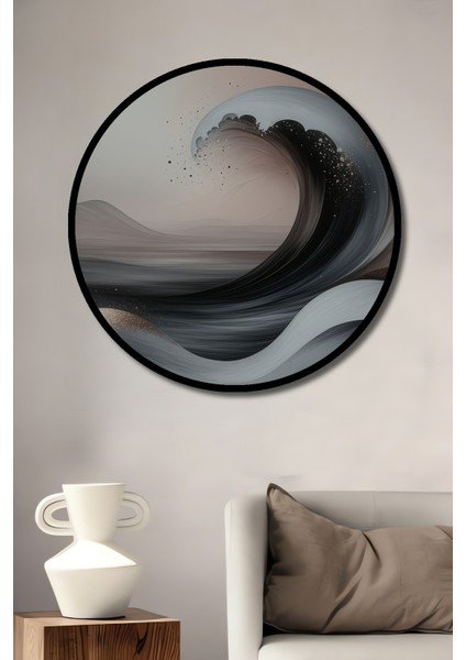 Çerçeve Görünümlü Estetik Dalgalar Yağlı Boya Görünümlü Dekoratif Ahşap Işyeri/ofis Yuvarlak Tablo