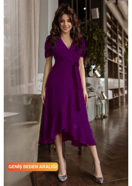 Kadın Kruvaze Yaka Midi Boy Kuşaklı Krep Elbise 120 cm