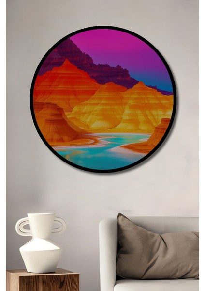 Çerçeve Görünümlü Fütüristik Kızıl Dağlar Yağlı Boya Görünümlü Dekoratif Ahşap Ofis Yuvarlak Tablo