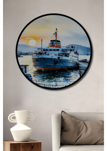 Çerçeve Görünümlü Istanbul Vapuru Sulu Boya Görünümlü Dekoratif Ahşap Ev/işyeri/ofis Yuvarlak Tablo