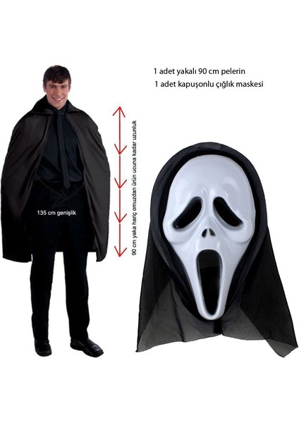 90 cm Pelerin ve Ghost Scream Kapüşonlu Çığlık Hayalet Maskeli Set Hallow