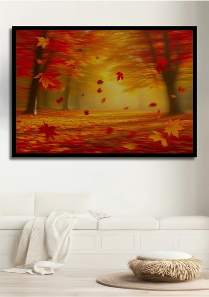 Çerçeve Görünümlü Sulu Boya Görünümlü Kızıl Sonbahar Yaprakları Dansı Ahşap Ofis Kare Tablo