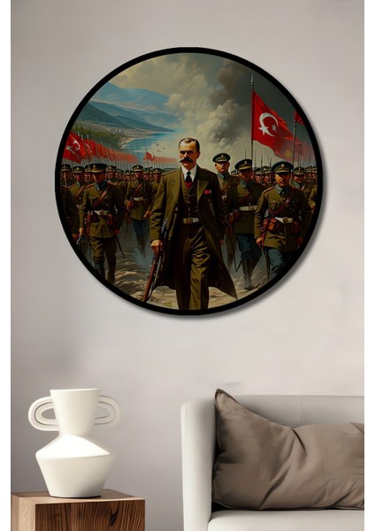 Çerçeve Görünümlü Zafer Yürüyüşü Yağlı Boya Görünümlü Dekoratif Ahşap Ev/işyeri/ofis Yuvarlak Tablo