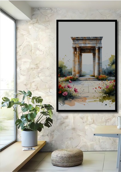 Çerçeve Görünümlü Antik Kent Çiçek Bahçesi Sulu Boya Görünümlü Ofis Dekoratif Ahşap Kare Tablo