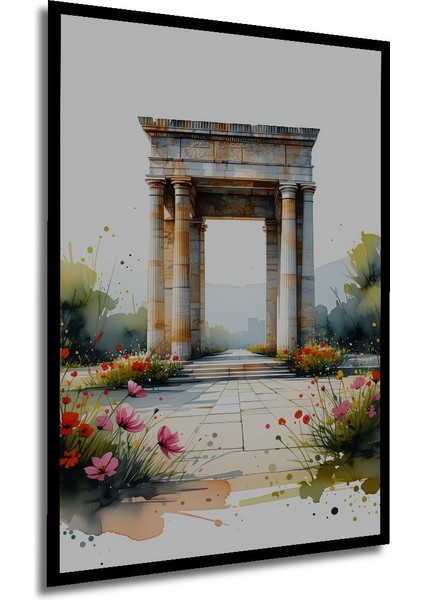 Çerçeve Görünümlü Antik Kent Çiçek Bahçesi Sulu Boya Görünümlü Ofis Dekoratif Ahşap Kare Tablo modelleri