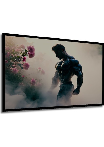 Çerçeve Görünümlü Kaslı Adam ve Pembe Çiçekler Yağlı Boya Görünümlü Ofis Dekoratif Ahşap Kare Tablo modelleri