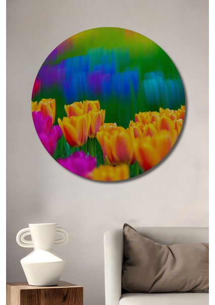 Rüya Gibi Lale Bahçesi Yağlı Boya Görünümlü Dekoratif Ahşap Ev/işyeri/ofis Yuvarlak Tablo