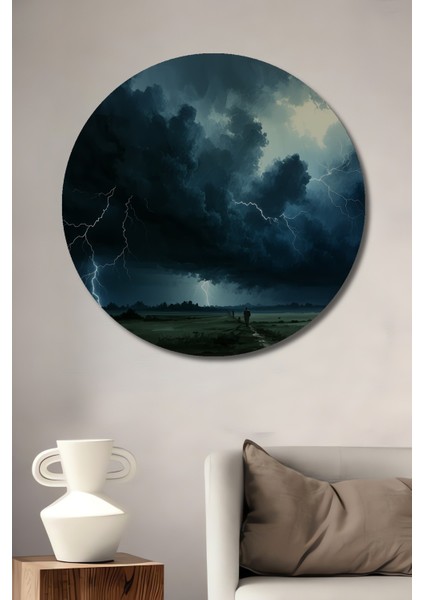 Fırtınalı Gökyüzü Yağlı Boya Görünümlü Ev/işyeri/ofis Dekoratif Ahşap Yuvarlak Tablo