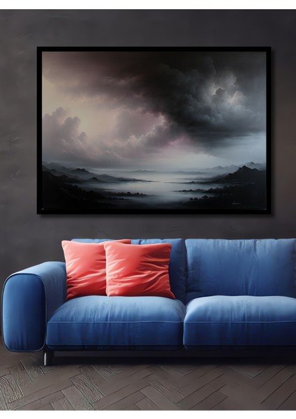 Çerçeve Görünümlü Fırtınalı Göl Yağlı Boya Görünümlü Dekoratif Ahşap Ev/işyeri/ofis Kare Tablo