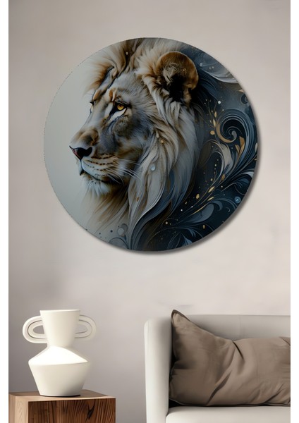 Asil Duruşlu Yağlı Boya Görünümlü Aslan Dekoratif Ahşap Ev/işyeri/ofis Yuvarlak Tablo
