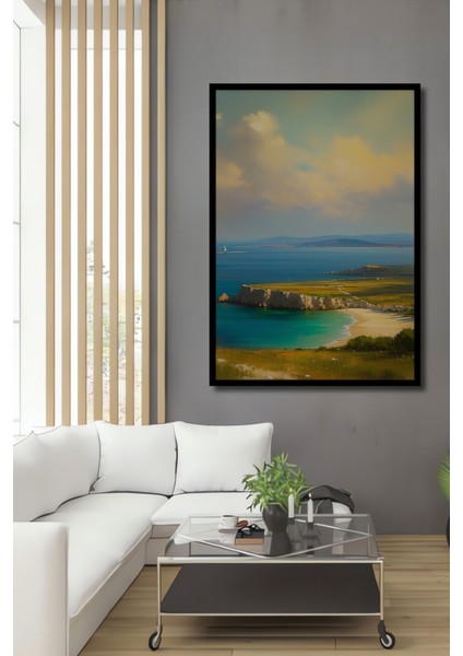 Çerçeve Görünümlü Turkuaz Sahil Yağlı Boya Görünümlü Manzara Dekoratif Ahşap Işyeri/ofis Kare Tablo