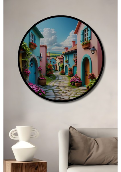 Çerçeve Görünümlü Rüya Gibi Pastel Renkli Sokak Yağlı Boya Görünümlü Ahşap Ofis Yuvarlak Tablo