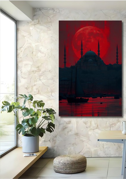 Kızıl Ay Istanbul Rüyası Yağlı Boya Görünümlü Dekoratif Ahşap Ev/işyeri/ofis Kare Tablo