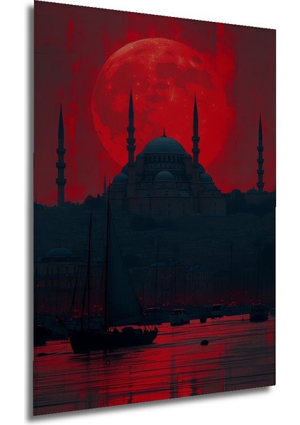 Kızıl Ay Istanbul Rüyası Yağlı Boya Görünümlü Dekoratif Ahşap Ev/işyeri/ofis Kare Tablo modelleri