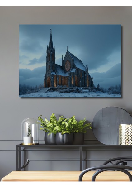 Gotik Katedral Sulu Boya Görünümlü Dekoratif Ahşap Ev/işyeri/ofis Kare Tablo