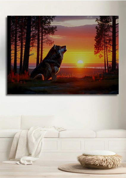 Gün Batımı Uluyan Kurt Yağlı Boya Görünümlü Dekoratif Ahşap Ev/işyeri/ofis Kare Tablo
