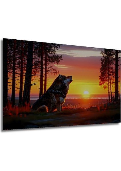 Gün Batımı Uluyan Kurt Yağlı Boya Görünümlü Dekoratif Ahşap Ev/işyeri/ofis Kare Tablo modelleri