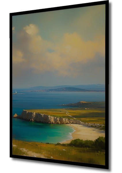 Çerçeve Görünümlü Turkuaz Sahil Yağlı Boya Görünümlü Manzara Dekoratif Ahşap Işyeri/ofis Kare Tablo fiyatları