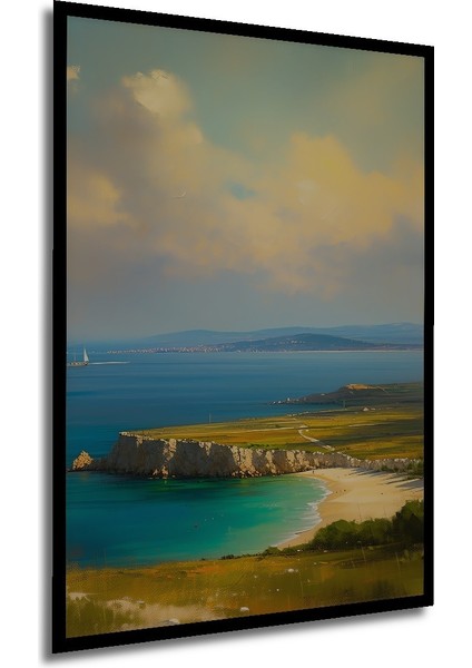 Çerçeve Görünümlü Turkuaz Sahil Yağlı Boya Görünümlü Manzara Dekoratif Ahşap Işyeri/ofis Kare Tablo modelleri