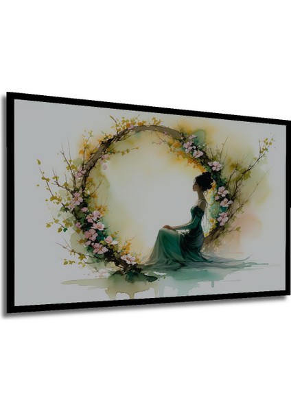 Çerçeve Görünümlü Çiçekli Taç Içinde Yeşil Elbiseli Kadın Sulu Boya Görünümlü Ahşap Ofis Tablo modelleri
