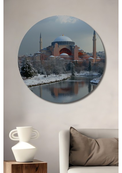 Kış Masalı Ayasofya Yağlı Boya Görünümlü Dekoratif Ahşap Ev/işyeri/ofis Yuvarlak Tablo