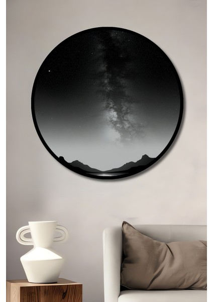 Çerçeve Görünümlü Siyah Beyaz Samanyolu Göl Manzarası Dekoratif Ahşap Ev/işyeri/ofis Yuvarlak Tablo