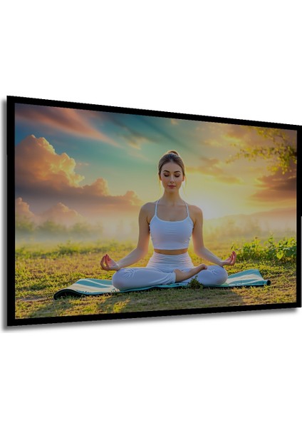 Çerçeve Görünümlü Yoga Yapan Kadın Huzurlu Doğa Manzarası Yağlı Boya Görünümlü Ahşap Ofis Tablo modelleri