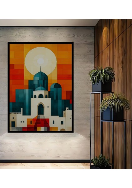 Çerçeve Görünümlü Mozaik Desenli Cami Minareleri Yağlı Boya Görünümlü Ahşap Ofis Kare Tablo