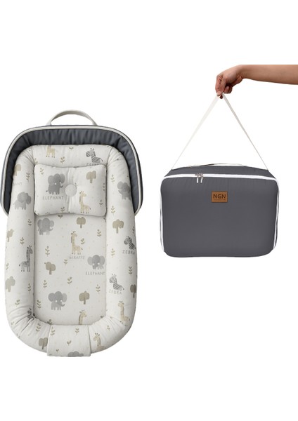Çantalı Baby Nest Safari Hayvan Desenli Yenidoğan Babynest Taşınabilir Anne Yanı Yatağı Koyu Gri