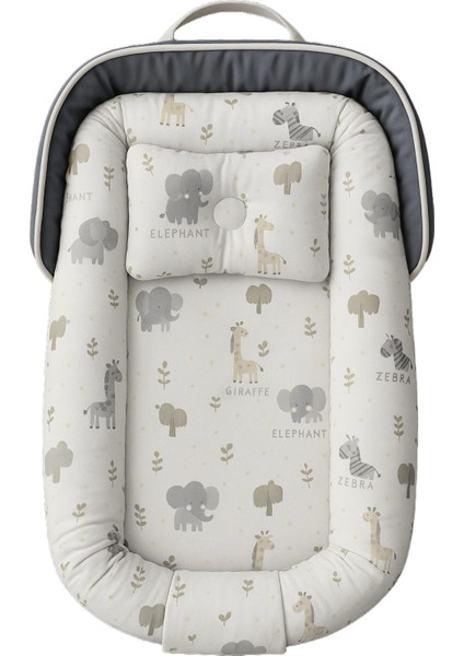 Çantalı Baby Nest Safari Hayvan Desenli Yenidoğan Babynest Taşınabilir Anne Yanı Yatağı Koyu Gri modelleri