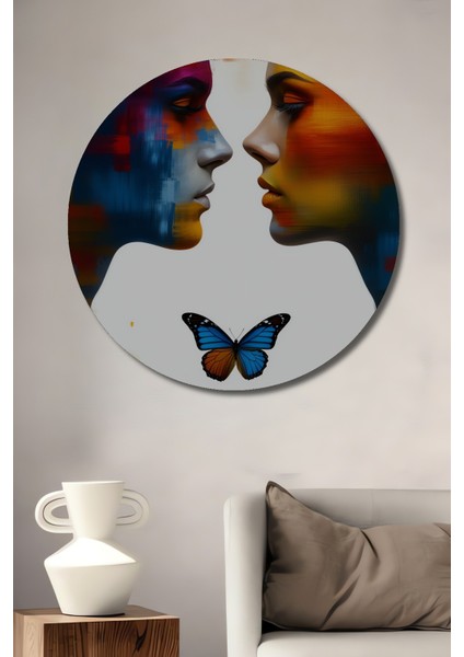 Aşkın Kelebeği Yağlı Boya Görünümlü Modern Sanat Ev/işyeri/ofis Dekoratif Ahşap Yuvarlak Tablo