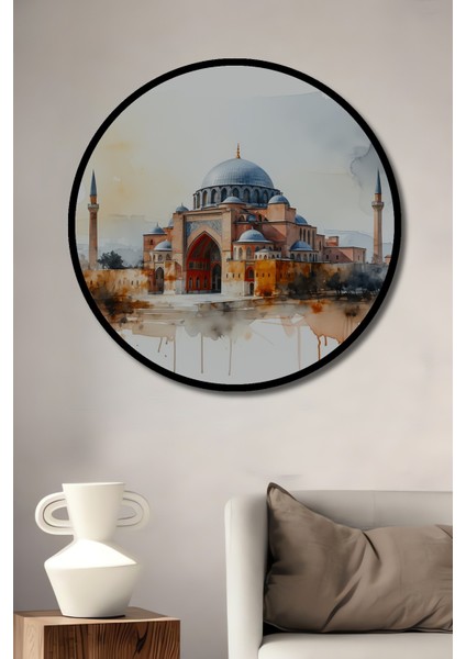 Çerçeve Görünümlü Sultanahmet Cami Sulu Boya Görünümlü Dekoratif Ahşap Işyeri/ofis Yuvarlak Tablo