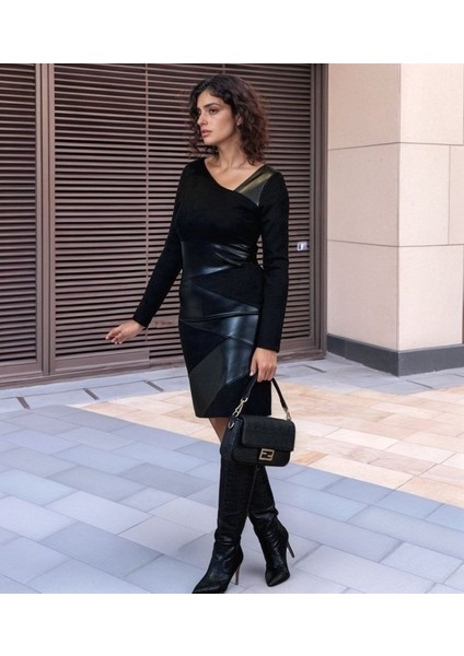 Ezel Glory Kadın Uzun Kollu Asimetrik Yaka Süet ve Deri Mini Boy Elbise