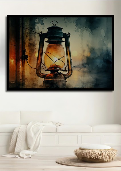 Çerçeve Görünümlü Sulu Boya Görünümlü Nostaljik Lamba Aydınlığı Salon Ahşap Kare Tablo