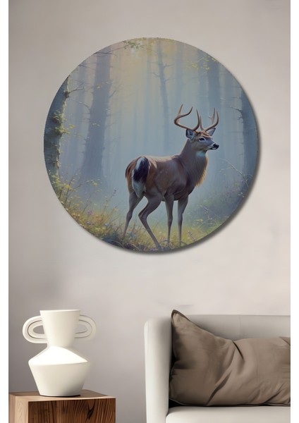 Sisli Ormanda Geyik Yağlı Boya Görünümlü Ev/işyeri/ofis Dekoratif Ahşap Yuvarlak Tablo