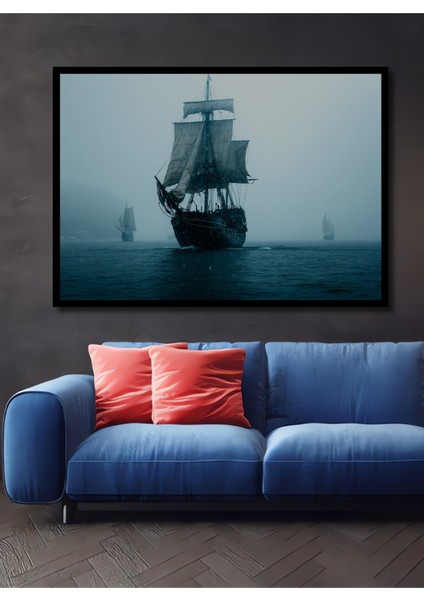 Çerçeve Görünümlü Sisli Denizde Yelkenli Dekoratif Ahşap Ev/işyeri/ofis Kare Tablo