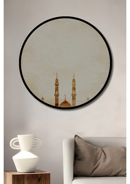Çerçeve Görünümlü Osmanlı Cami Silüeti Yağlı Boya Görünümlü Dekoratif Ahşap Ofis Yuvarlak Tablo