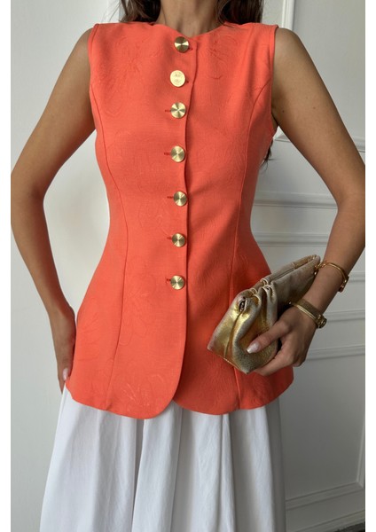 Ezel Glory Jakar Keten Yelek Belden Oturtmalı Gold Düğmeli - Orange modelleri