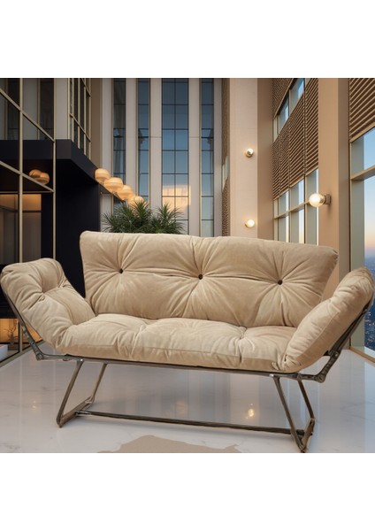 Mekanizmalı Yataklı Ikili Kanepe – Katlanır ve Kolları Açılabilen Modern Çekyat | Krem