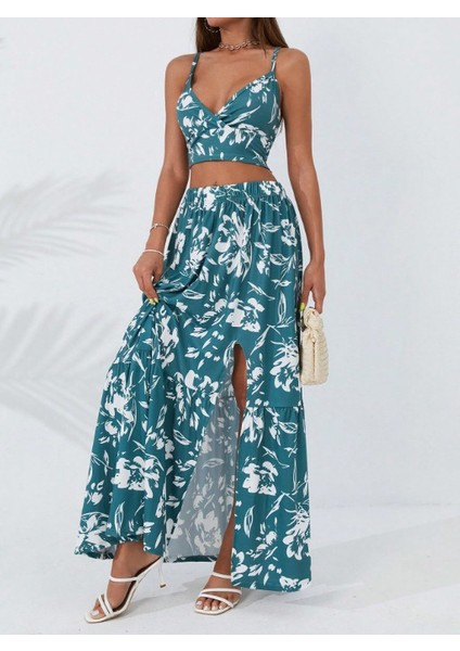 Ezel Glory Kadın Ince Askılı Çiçek Baskı Desenli Crop Yırtmaçlı Etek Ikili Süprem Takım modelleri