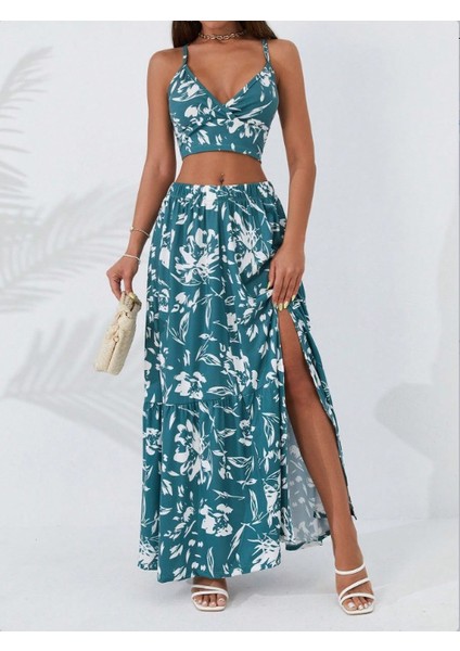 Ezel Glory Kadın Ince Askılı Çiçek Baskı Desenli Crop Yırtmaçlı Etek Ikili Süprem Takım fırsatları
