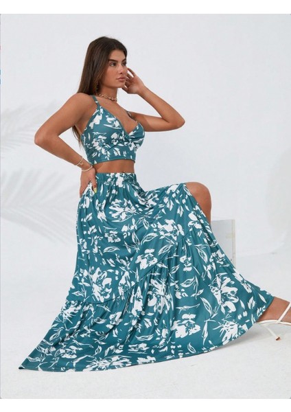 Ezel Glory Kadın Ince Askılı Çiçek Baskı Desenli Crop Yırtmaçlı Etek Ikili Süprem Takım indirimleri