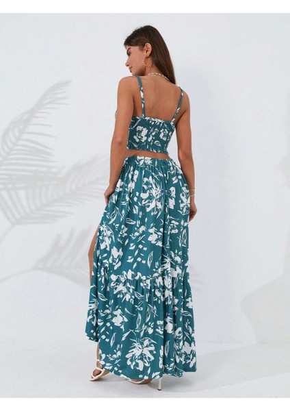 Ezel Glory Kadın Ince Askılı Çiçek Baskı Desenli Crop Yırtmaçlı Etek Ikili Süprem Takım