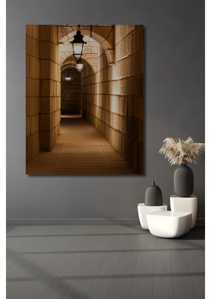 Antik Taş Sokak Yağlı Boya Görünümlü Dekoratif Ahşap Ev/işyeri/ofis Kare Tablo