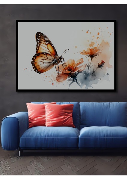 Çerçeve Görünümlü Narin Kelebek ve Çiçekler Sulu Boya Görünümlü Dekoratif Ahşap Ofis Kare Tablo